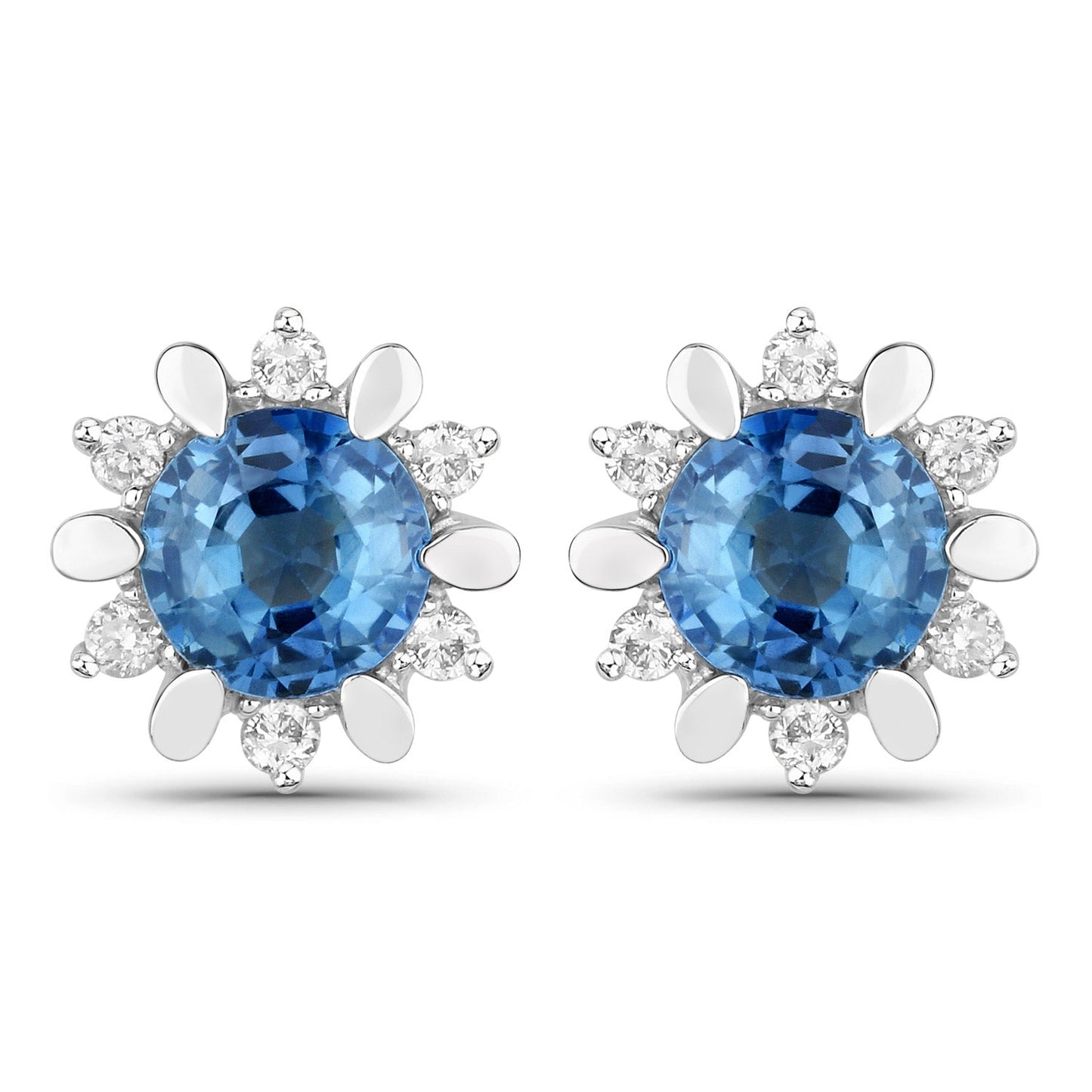 Pendientes de oro blanco de 14 quilates con zafiro azul auténtico de 1,87 quilates y diamantes blancos