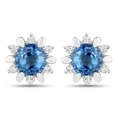 Pendientes de oro blanco de 14 quilates con zafiro azul auténtico de 1,87 quilates y diamantes blancos