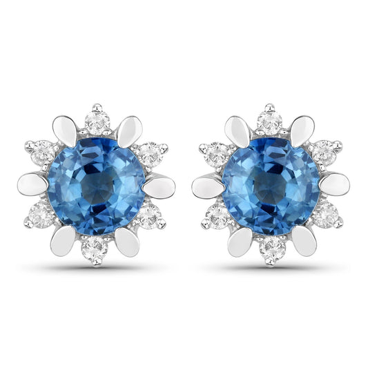 Pendientes de oro blanco de 14 quilates con zafiro azul auténtico de 1,87 quilates y diamantes blancos