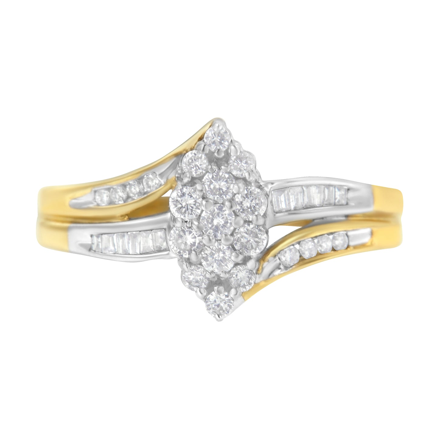 Anillo de racimo con forma de marquesa de diamante de 1/2 quilate de oro amarillo y blanco de 10 quilates con vástago dividido (color H-I, claridad SI2-I1) - Talla 7