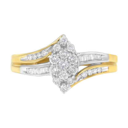 Anillo de racimo con forma de marquesa de diamante de 1/2 quilate de oro amarillo y blanco de 10 quilates con vástago dividido (color H-I, claridad SI2-I1) - Talla 7