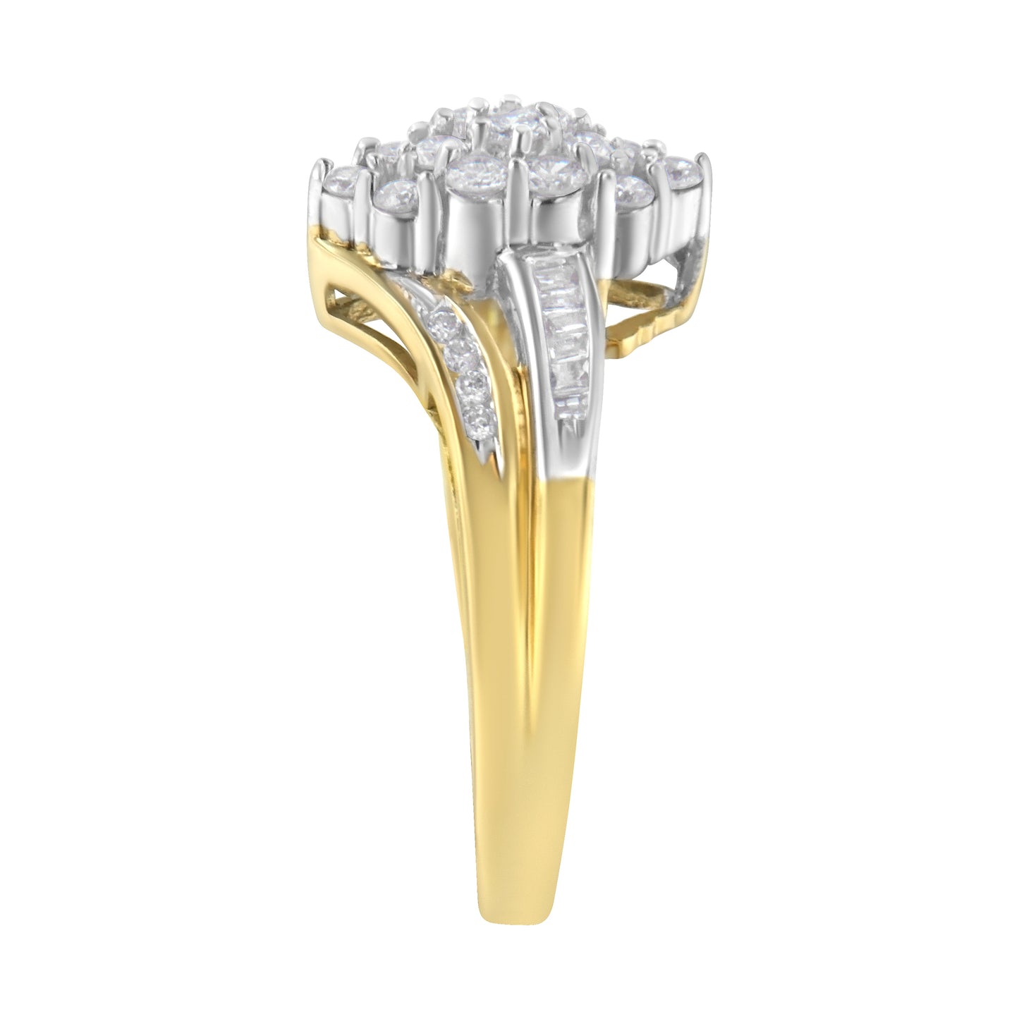Anillo de racimo con forma de marquesa de diamante de 1/2 quilate de oro amarillo y blanco de 10 quilates con vástago dividido (color H-I, claridad SI2-I1) - Talla 7