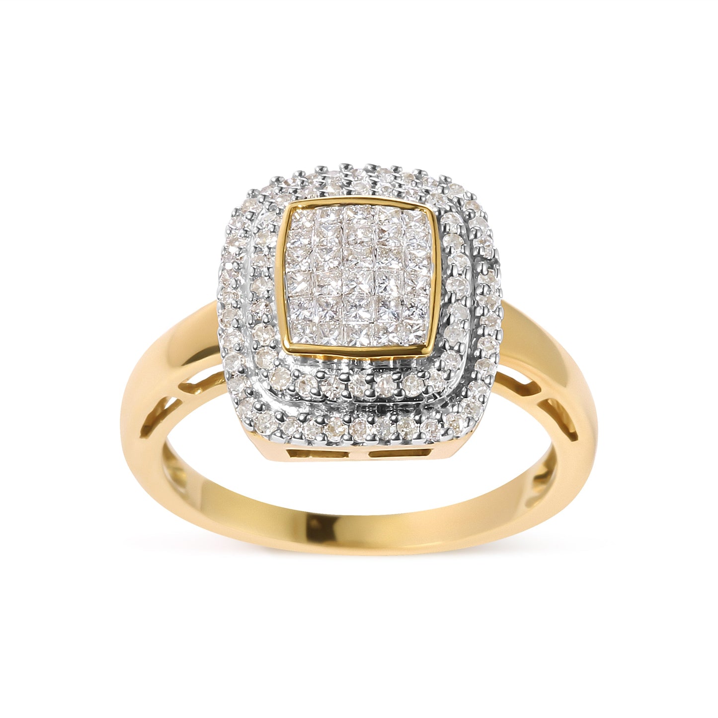 Anillo en oro amarillo de 10 qt con cabeza compuesta de diamantes redondos y talla princesa de 1/2 quilate en total y halo (color H-I, claridad SI1-SI2) - Talla 7