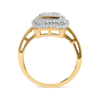 Anillo en oro amarillo de 10 qt con cabeza compuesta de diamantes redondos y talla princesa de 1/2 quilate en total y halo (color H-I, claridad SI1-SI2) - Talla 7