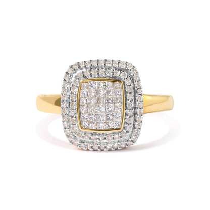 Anillo en oro amarillo de 10 qt con cabeza compuesta de diamantes redondos y talla princesa de 1/2 quilate en total y halo (color H-I, claridad SI1-SI2) - Talla 7