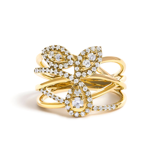 Anillo de cóctel con banda de flores de 3 hojas cruzadas de oro amarillo de 10 quilates con diamantes de 1/2 Cttw (color H-I, claridad SI1-SI2) - Talla 7
