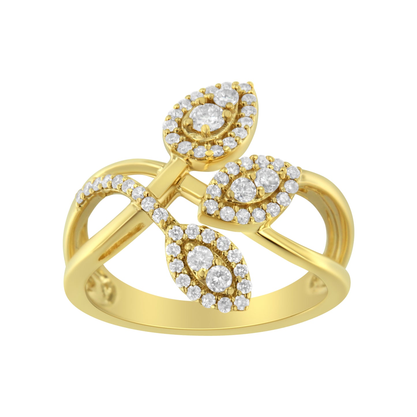 Anillo con tres hojas superpuestas de oro amarillo de 10 qt con diamantes de talla redonda de 1/2 quilate (color I-J, claridad I1-I2) - Talla 7