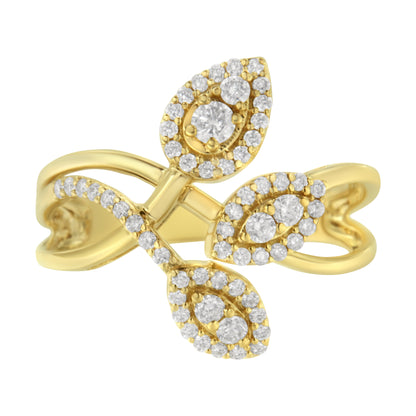 Anillo con tres hojas superpuestas de oro amarillo de 10 qt con diamantes de talla redonda de 1/2 quilate (color I-J, claridad I1-I2) - Talla 7
