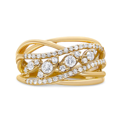 Anillo tipo cóctel de oro amarillo de 10K con diamante de corte redondo de 1/2 quilate en varias filas y vástago dividido (color H-I, claridad SI2-I1) - Talla 7