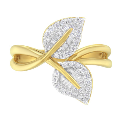 Anillo de cóctel de oro amarillo de 10 qt con diamantes redondos y talla baguette de 3/8 qt en forma de hoja - Talla 7 (color I-J, claridad I1-I2)