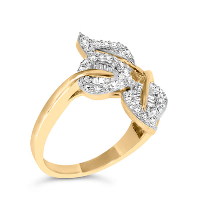 Anillo de oro amarillo y blanco de 10k con diamantes de talla baguette y redonda de 1/2 quilate (color I-J, claridad I1-I2) - Talla 7