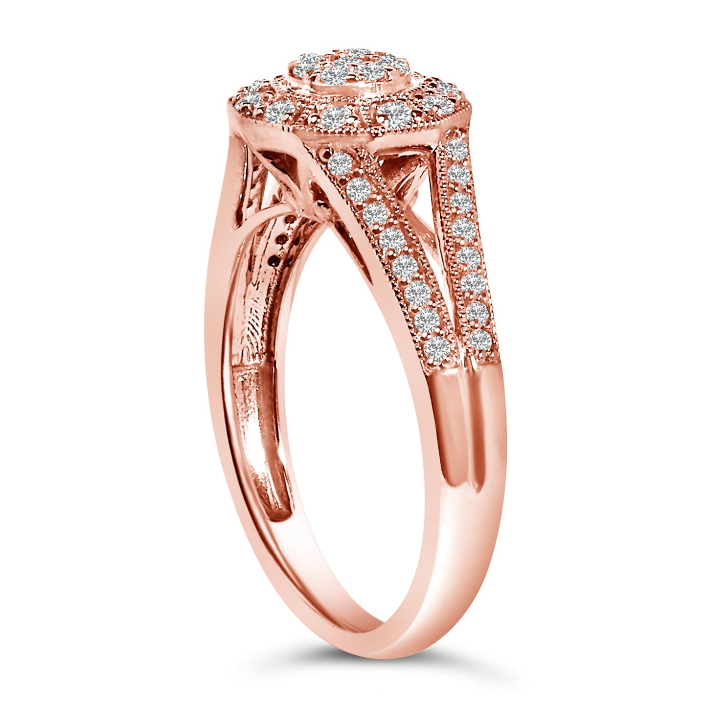 Anillo de cóctel con halo de diamantes pavé de 1/2 quilate, en plata de ley 925 con baño de oro rosa de 14 quilates, con vástago dividido (color I-J, claridad I1-I2) - Talla 6