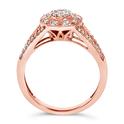 Anillo de cóctel con halo de diamantes pavé de 1/2 quilate, en plata de ley 925 con baño de oro rosa de 14 quilates, con vástago dividido (color I-J, claridad I1-I2) - Talla 6