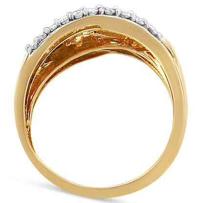 Anillo de cóctel entrelazado de oro amarillo y blanco de 10K con diamantes redondos y talla baguette de 1.0 quilates (Color I-J, Claridad I2-I3) - Talla 7