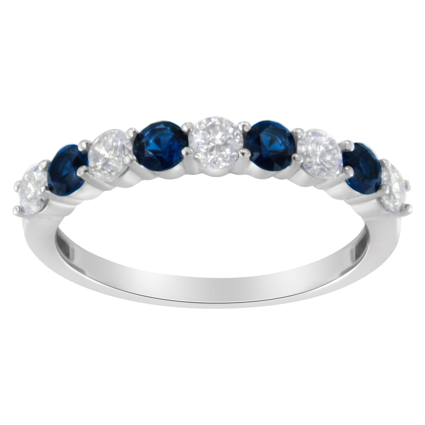 Anillo de oro blanco de 10 qt con diamantes de 0,5 qt y zafiro azul creado de 3 mm (H-I, I1-I2) - Talla 7