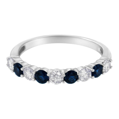 Anillo de oro blanco de 10 qt con diamantes de 0,5 qt y zafiro azul creado de 3 mm (H-I, I1-I2) - Talla 7
