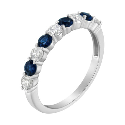 Anillo de oro blanco de 10 qt con diamantes de 0,5 qt y zafiro azul creado de 3 mm (H-I, I1-I2) - Talla 7