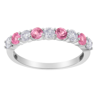 Anillo de oro blanco de 10 qt con diamantes de 0,5 qt y zafiro azul creado de 3 mm (H-I, I1-I2) - Talla 7