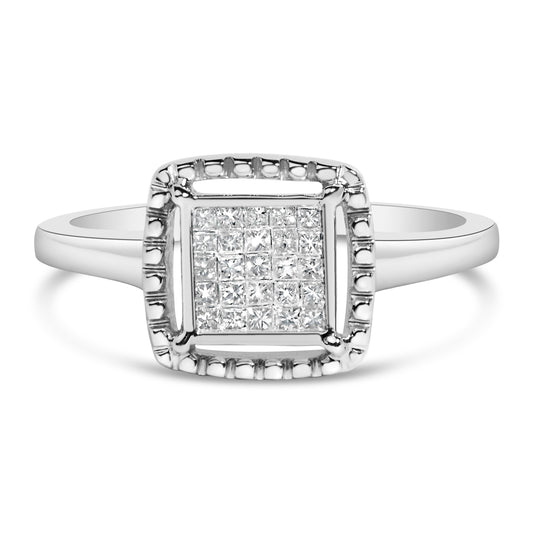 Anillo de promesa de plata de ley 925 con diamante de corte princesa de 1/5 quilates engastado invisiblemente con halo de cuentas (color H-I, claridad I1-I2) - Talla 7