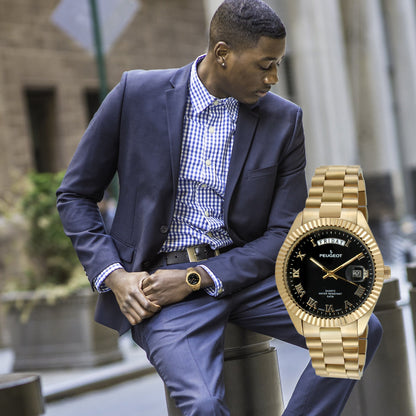 Men's 40mm Black Face Fluted Bezel Gold Bracelet Watch