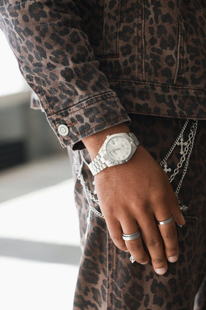 Men's 40mm Silver Face Fluted Bezel Steel Bracelet Watch