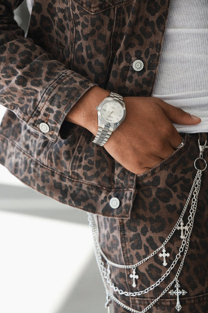 Men's 40mm Silver Face Fluted Bezel Steel Bracelet Watch