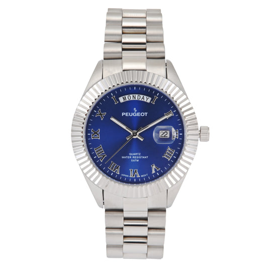 Men's 40mm Blue Face Fluted Bezel Steel Bracelet Watch