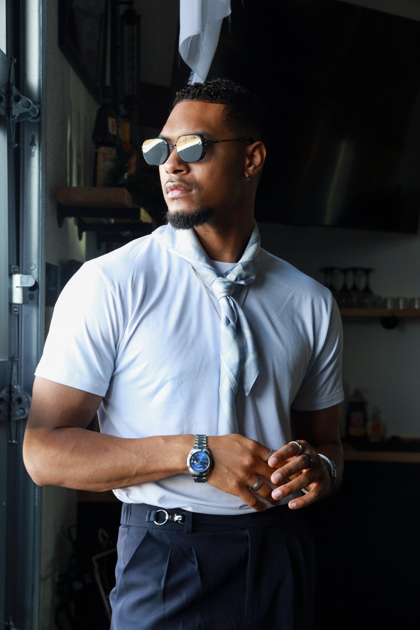 Men's 40mm Blue Face Fluted Bezel Steel Bracelet Watch