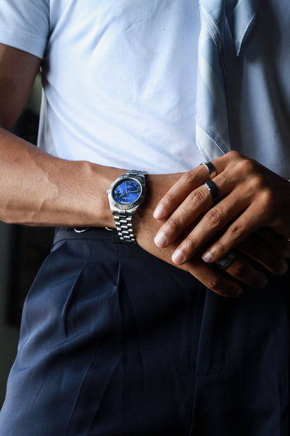 Men's 40mm Blue Face Fluted Bezel Steel Bracelet Watch