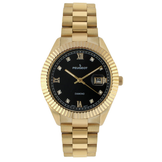 Men's 40mm Black Dial 14K Gold Plated Genuine Diamond Dial Watch
