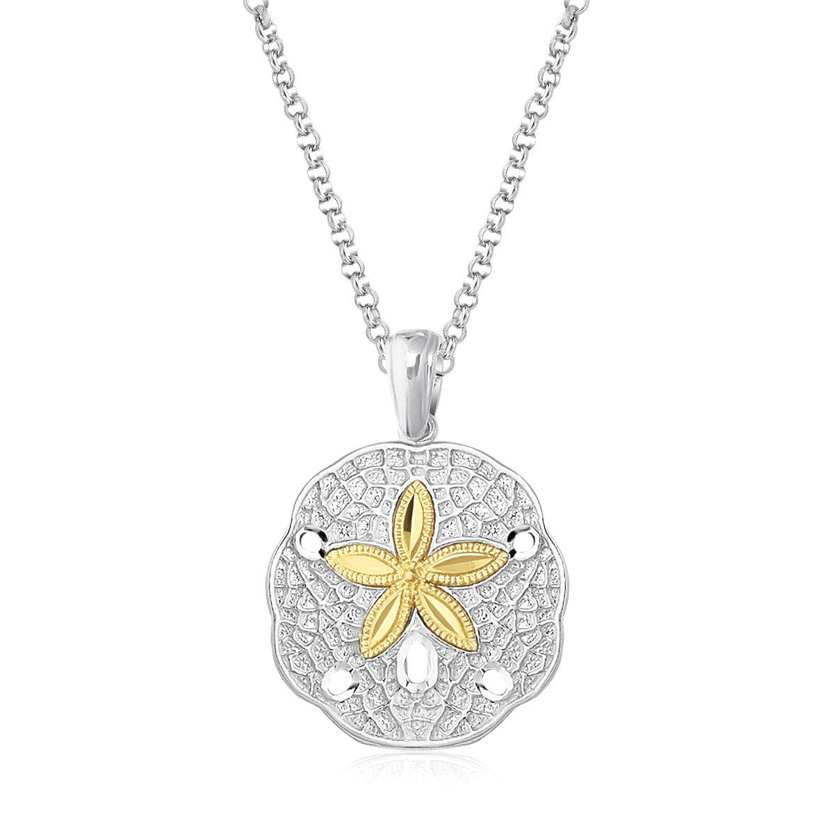 Colgante de dólar de arena de plata esterlina y oro amarillo de 14k de diseñador