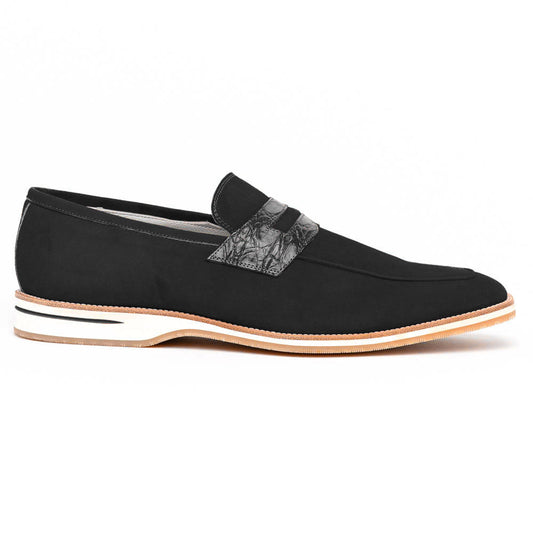 11-020-BLK MEO 3 Mocasín de piel de cabra gamuzada con céntimo, Negro