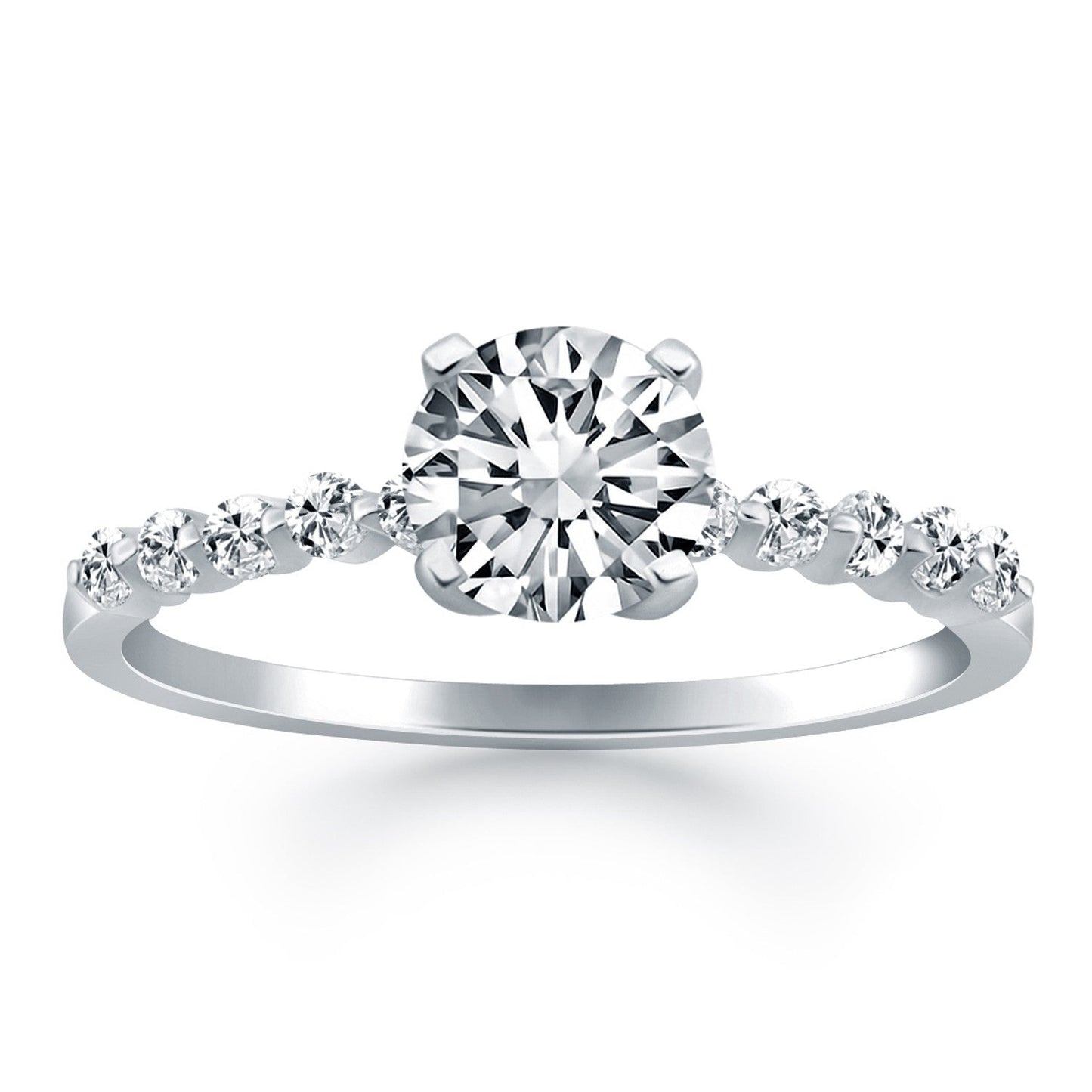 Anillo de compromiso de oro blanco de 14 quilates con diamantes y acentos de diamantes engastados en garras compartidas