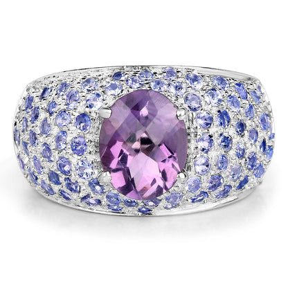 Anillo de plata de ley .925 con amatista genuina y tanzanita de 4.21 quilates