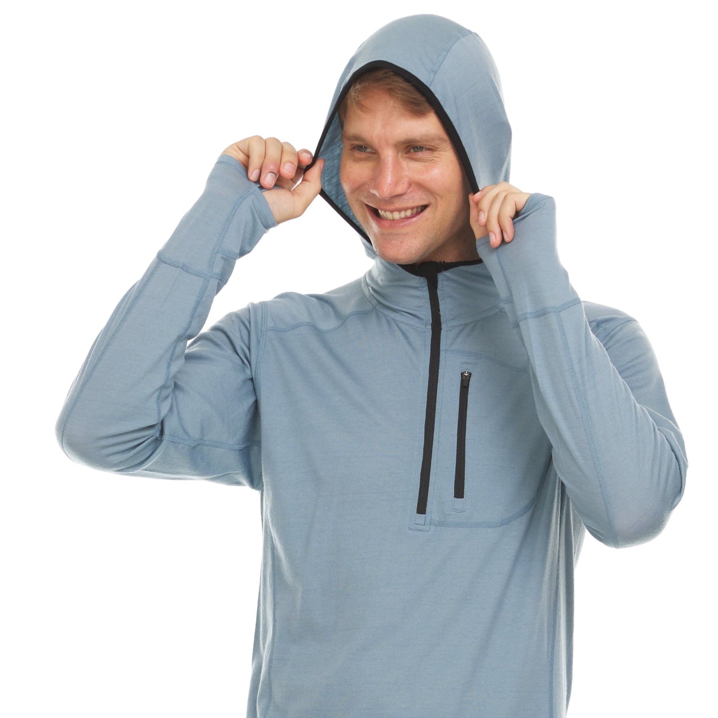 Sudadera de lana de merino con cremallera 1/4 y capucha para hombre - Micropeso