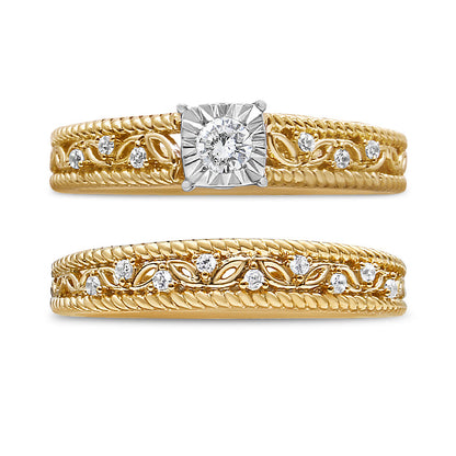 Conjunto de anillo de compromiso y boda de estilo art déco con diamantes de 0,20 quilates en total en plata de ley 925 bañada en oro amarillo de 14 quilates (color I-J, claridad I3) - Talla 7