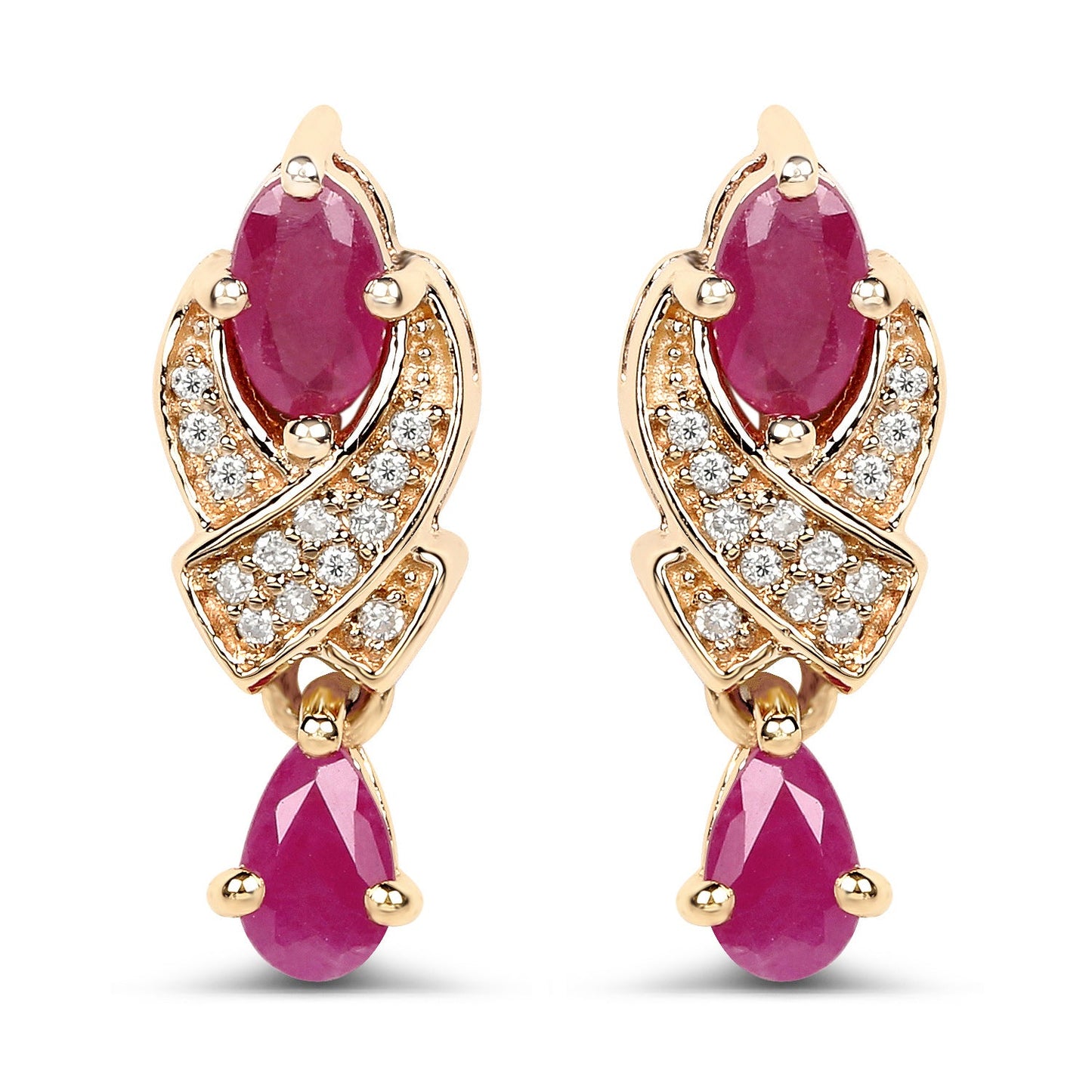 Pendientes de oro amarillo de 14 quilates con rubí genuino de 1,12 quilates y diamantes blancos