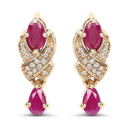 Pendientes de oro amarillo de 14 quilates con rubí genuino de 1,12 quilates y diamantes blancos