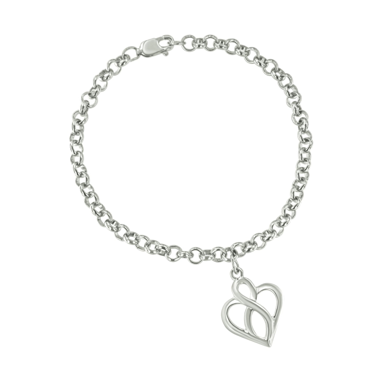 Pulsera con dije de cadena de plata esterlina .925 con corazón abierto e infinito vertical central - Talla 7"