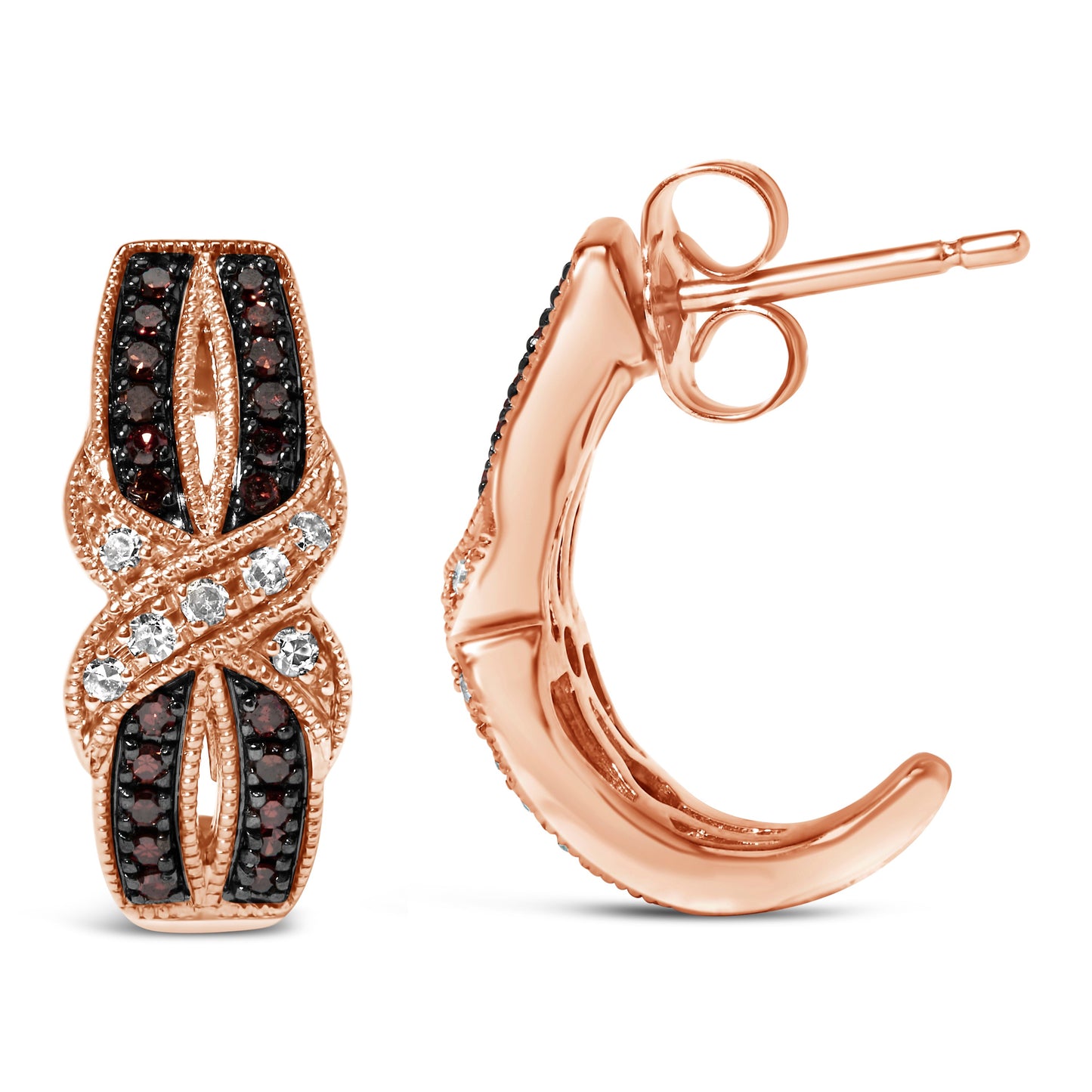 Pendientes de aro en J entrelazados con milgrain de oro rosa de 10K con diamantes blancos y marrones de 1/3 Cttw (color I-J, claridad I1-I2)