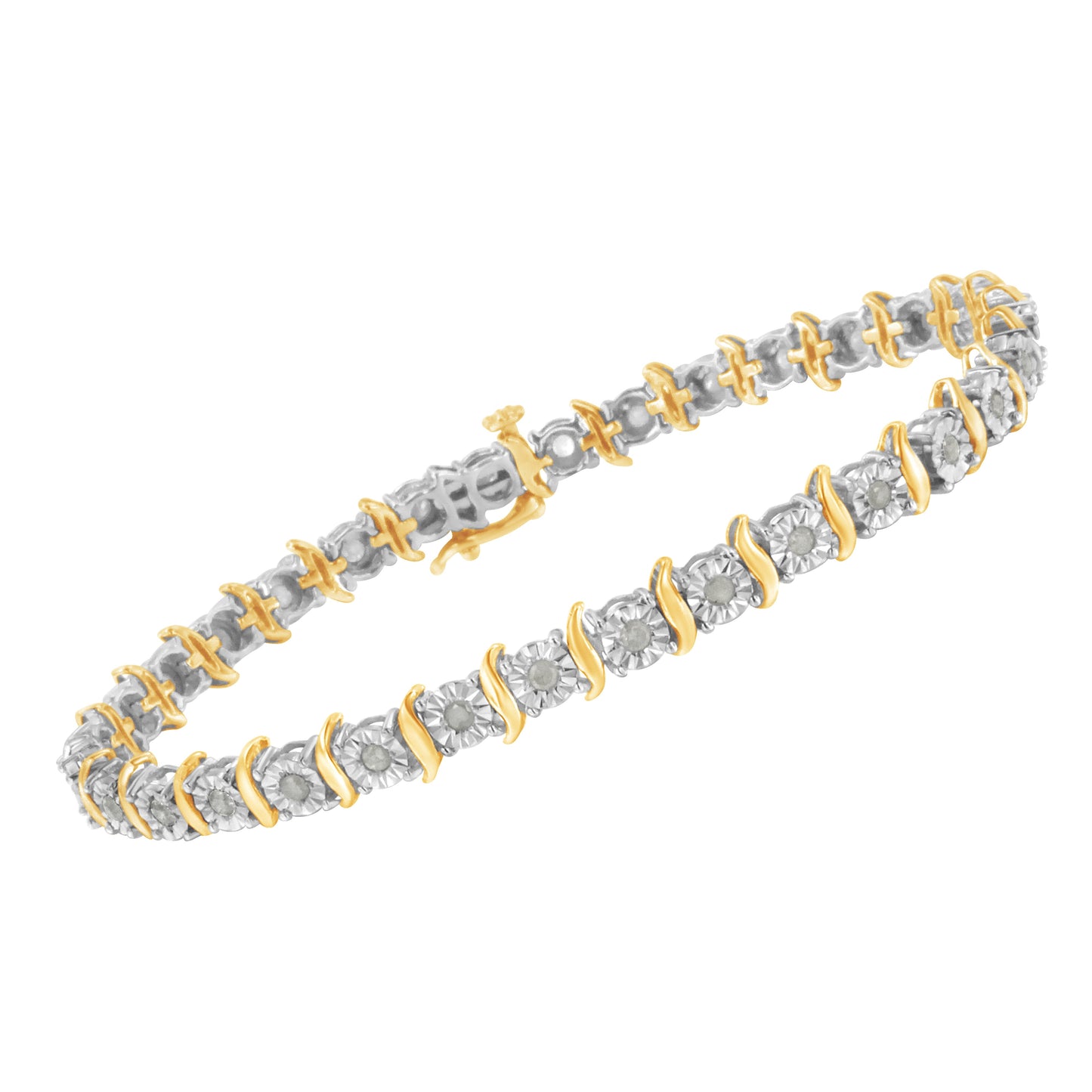 Pulsera de tenis con eslabones curvados en S con efecto milagroso de diamantes de 1,0 quilates (color I-J, claridad I3) en oro amarillo de 10 quilates y plata de ley .925 de dos tonos - 7"