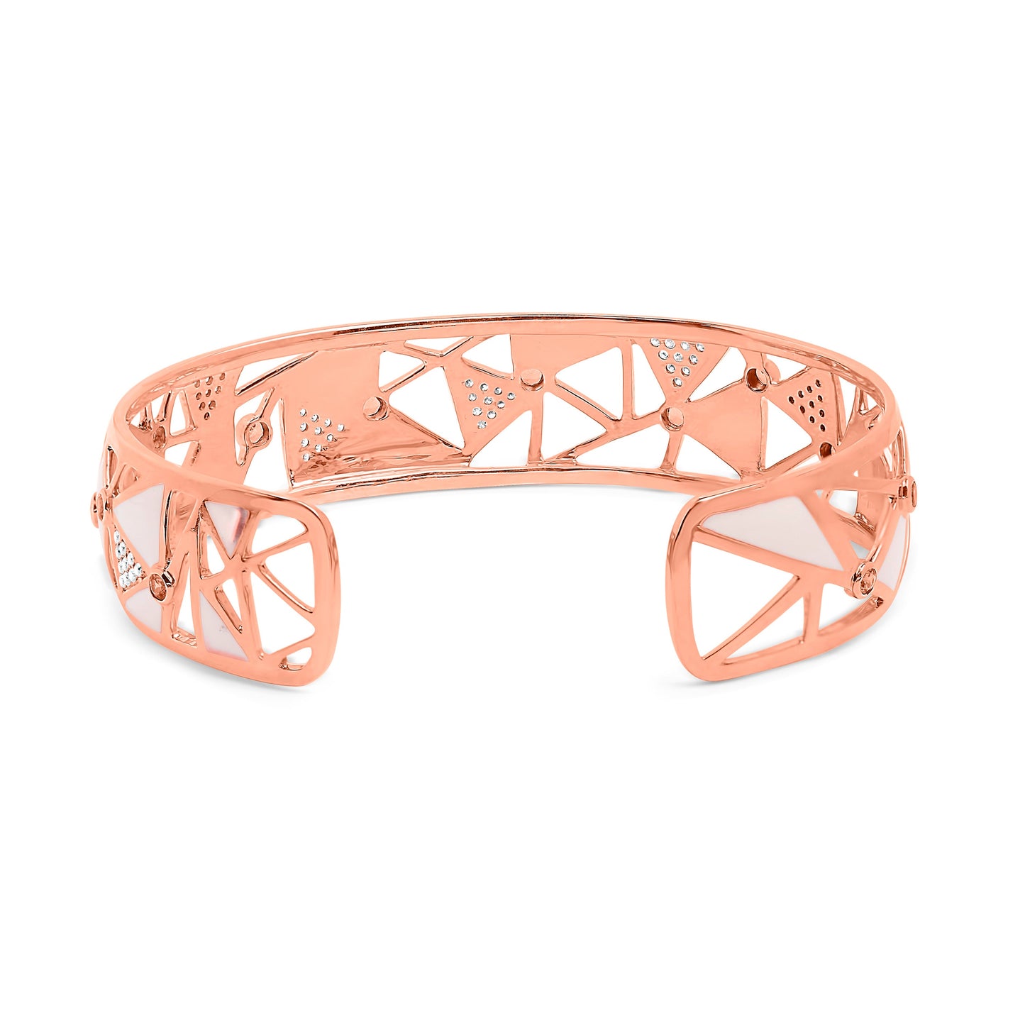 Brazalete abierto de oro rosa de 14 quilates y 5/8 quilates con diamante y turmalina rosa con esmalte blanco (color G-H, claridad SI1-SI2) - 7"