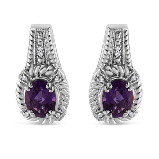 Pendientes colgantes estilo Art Déco de plata de ley .925 con amatista morada natural ovalada de 8x6 mm y acento de diamante (color I-J, claridad I1-I2)