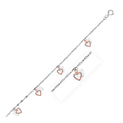 Tobillera de oro blanco y rosa de 14 quilates con dijes de doble corazón