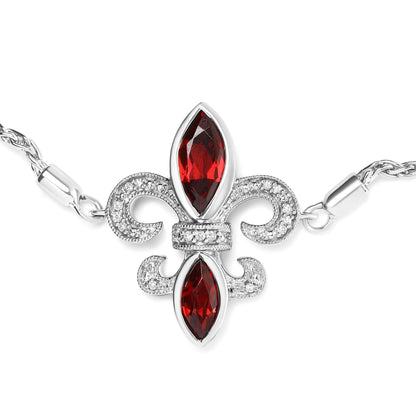 Pulsera bolo ajustable de plata de ley .925 con granate marquesa y acentos de diamante de 4 a 10 pulgadas con diseño de flor de lis (color H-I, claridad SI1-SI2)