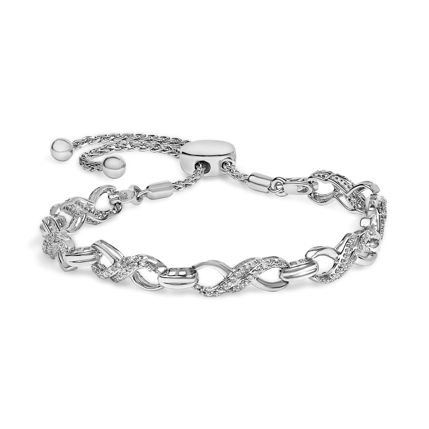 Pulsera Bolo de Plata de Ley .925 con Diamantes de 1/2 Quilate y Eslabón Infinito