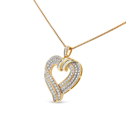 Collar con colgante de corazón abierto con diseño de diamante baguette de 1,00 Cttw en plata de ley .925 chapada en oro amarillo de 14K, 45,72 cm (color I-J, claridad I1-I2)