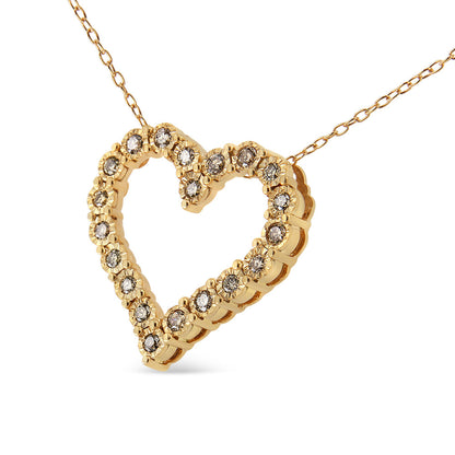 Collar con colgante de corazón de placa milagro de diamante color champán de 1/2 quilate, de plata de ley .925 con baño de oro amarillo de 10 quilates (Color K-L, Claridad I1-I2) - 18"
