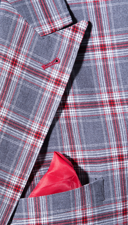 The Kingston Mens Grey/Red Checker Slim Fit 3 Piece Suit