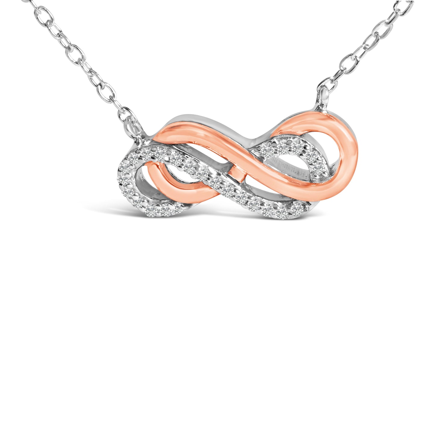 Collar con colgante doble infinito con acento de diamante, plata de ley chapada en oro rosa de 14 quilates